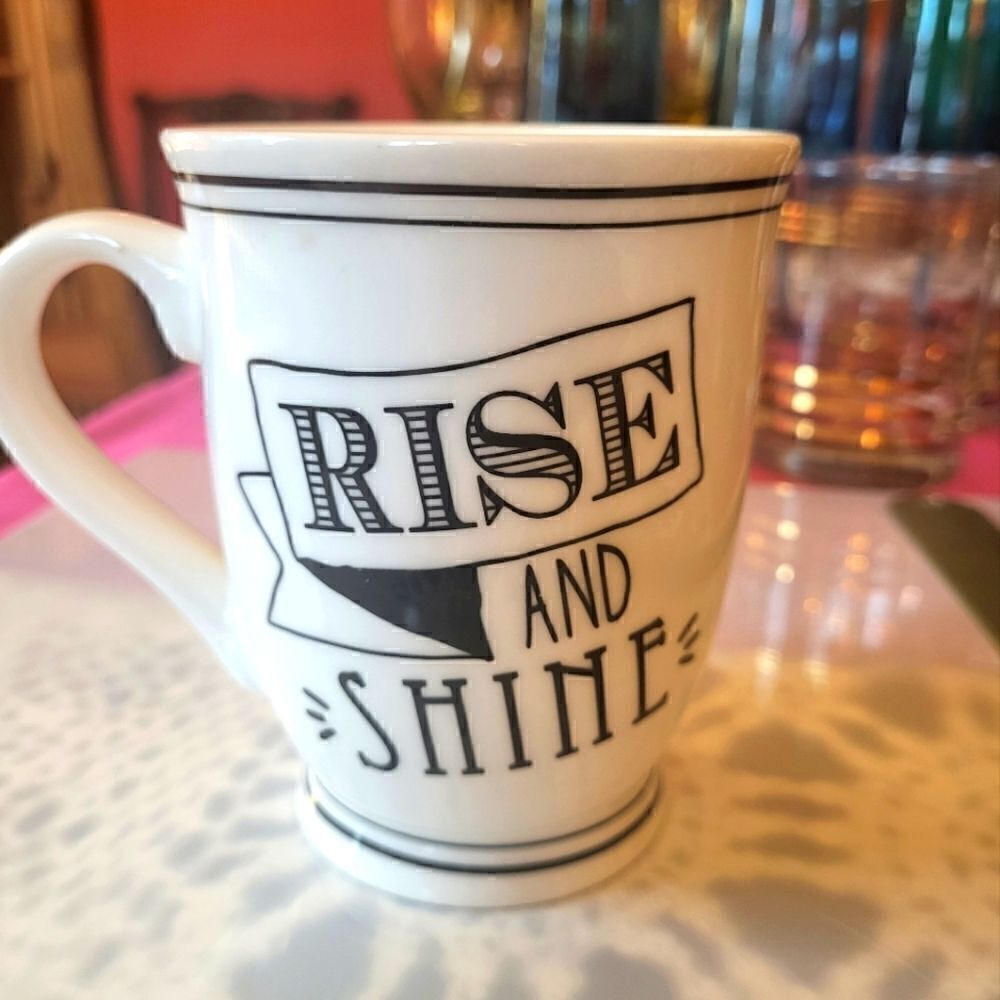 New Mud Pie "Rise and Shine" Ceramic Coffee Mug White w/Black Accent holds 14 oz